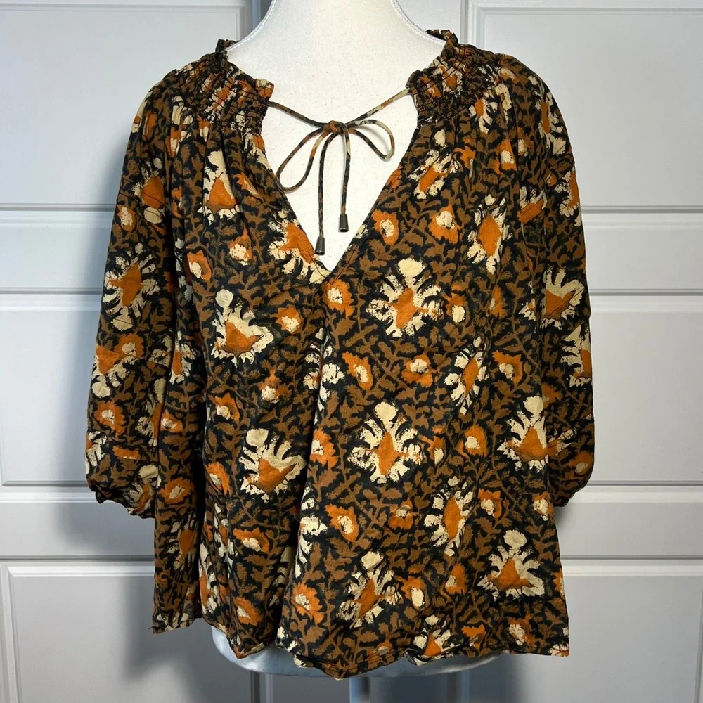 Free People Floral Print Smocked Neck Tie Neck Blouse‎ Brown Black Cream Medium